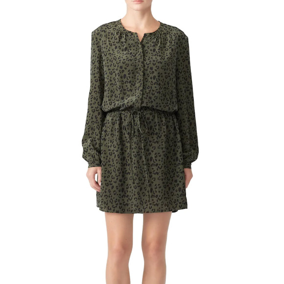 Rails Green Cheetah Hana 100% Silk Long Sleeve Dress SIze Small Tie Waist Belt - Picture 1 of 10